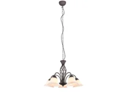 Pendelleuchte 5-flammig in Rostoptik, Glasschirme Weiß mit E14 LED, Ø 60cm