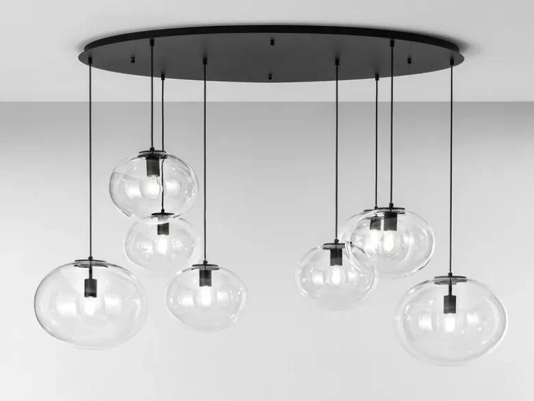 Pendelleuchte GALAXY achtflammig Kugel Glasschirme transparent Breite 166cm