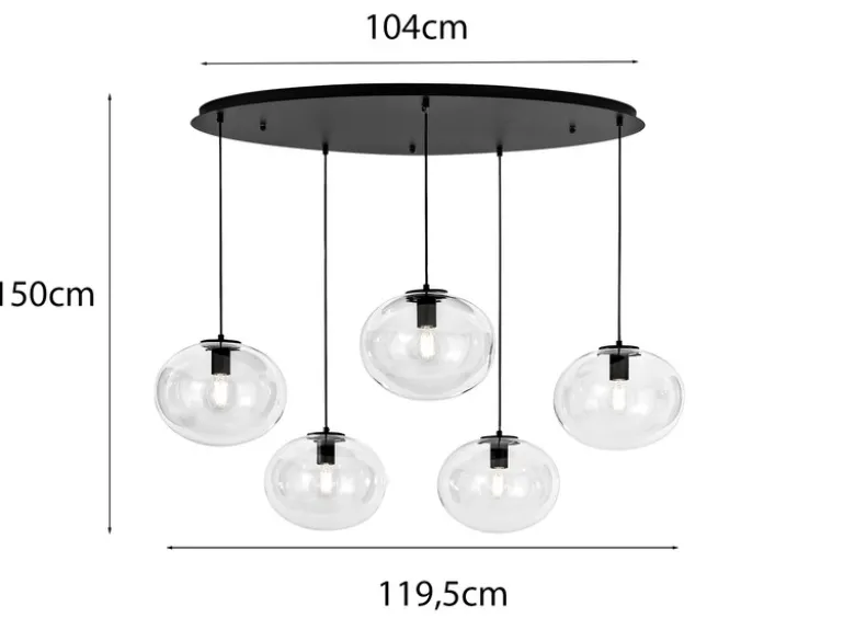 Pendelleuchte GALAXY fünfflammig Kugel Glasschirme transparent Breite 119,5cm