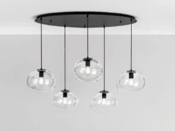 Pendelleuchte GALAXY fünfflammig Kugel Glasschirme transparent Breite 119,5cm