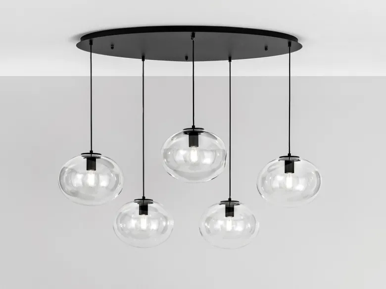 Pendelleuchte GALAXY fünfflammig Kugel Glasschirme transparent Breite 119,5cm