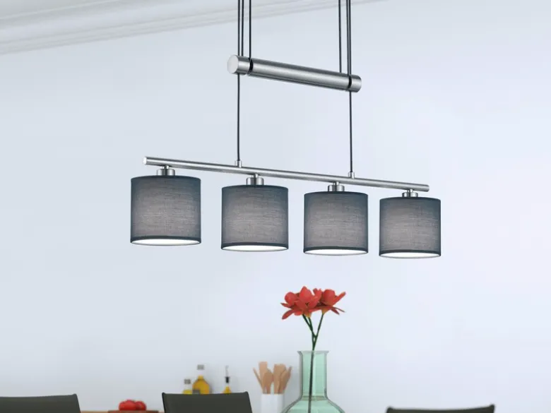 Pendelleuchte GARDA 4-flammig Grau höhenverstellbar mit Stoffschirmen, B: 80cm