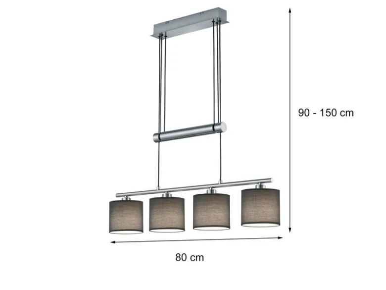 Pendelleuchte GARDA 4-flammig Grau höhenverstellbar mit Stoffschirmen, B: 80cm