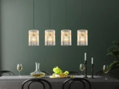 Pendelleuchte GORLEY 4-flammig mit transparenten Echtglas Stäben, Breite 110cm