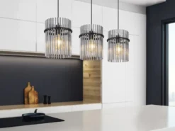 Pendelleuchte GORLEY 3-flammig mit Rauchglas Stäben, Breite 80cm