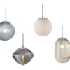 Pendelleuchte GREENWICH mit 4 Relief Glas Lampenschirmen, Abhängung bis 250cm