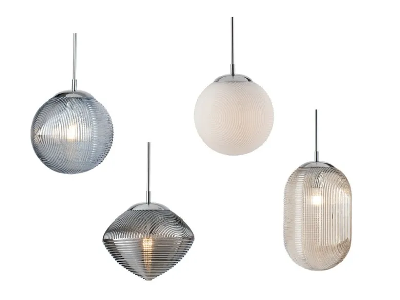 Pendelleuchte GREENWICH mit 4 Relief Glas Lampenschirmen, Abhängung bis 250cm