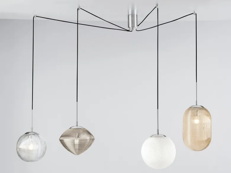 Pendelleuchte GREENWICH mit 4 Relief Glas Lampenschirmen, Abhängung bis 250cm