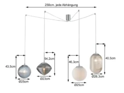 Pendelleuchte GREENWICH mit 4 Relief Glas Lampenschirmen, Abhängung bis 250cm