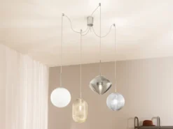 Pendelleuchte GREENWICH mit 4 Relief Glas Lampenschirmen, Abhängung bis 250cm