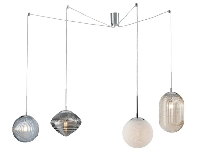 Pendelleuchte GREENWICH mit 4 Relief Glas Lampenschirmen, Abhängung bis 250cm