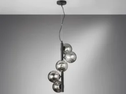 Pendelleuchte HONEY 5-flammig Schwarz-Glaskugeln Rauchglas, Höhe 183cm