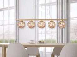 Pendelleuchte HONEY 5-flammig Gold-Glaskugeln Bernstein, Breite 100cm