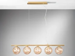Pendelleuchte HONEY 5-flammig Gold-Glaskugeln Bernstein, Breite 100cm