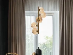 Pendelleuchte HONEY 5-flammig Gold-Glaskugeln Bernsteinfarbig, Höhe 183cm