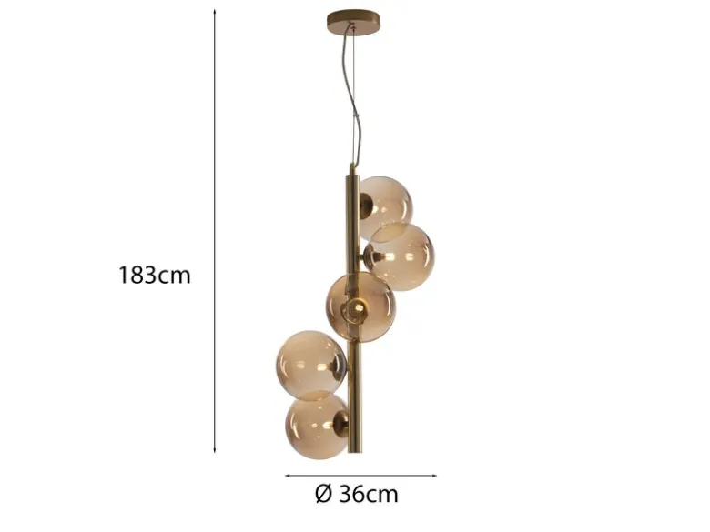 Pendelleuchte HONEY 5-flammig Gold-Glaskugeln Bernsteinfarbig, Höhe 183cm