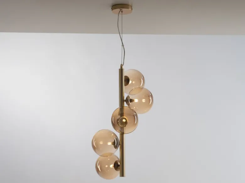 Pendelleuchte HONEY 5-flammig Gold-Glaskugeln Bernsteinfarbig, Höhe 183cm