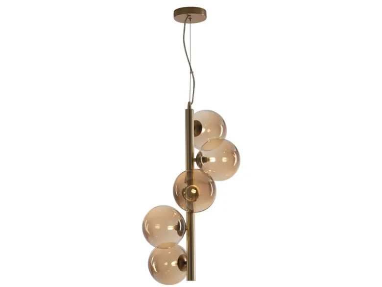 Pendelleuchte HONEY 5-flammig Gold-Glaskugeln Bernsteinfarbig, Höhe 183cm