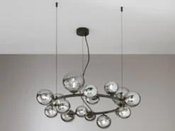 Pendelleuchte HONEY 16-flammig Schwarz-Glaskugeln Rauchglas, Ø 82cm