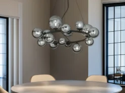 Pendelleuchte HONEY 16-flammig Schwarz-Glaskugeln Rauchglas, Ø 82cm