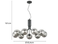 Pendelleuchte HONEY 9-flammig Schwarz mit Glaskugeln Rauchglas, Ø 83cm