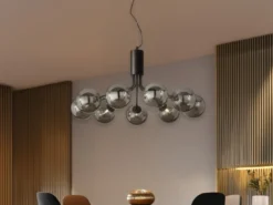 Pendelleuchte HONEY 9-flammig Schwarz mit Glaskugeln Rauchglas, Ø 83cm