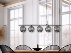 Pendelleuchte HONEY 5-flammig Schwarz-Glaskugeln Rauchglas, Breite 100cm