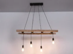 Pendelleuchte IRMGARD 4-flammig mit Leiter Holzbalken 192cm lang, Breite 115cm