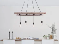 Pendelleuchte IRMGARD 4-flammig mit Leiter Holzbalken 192cm lang, Breite 115cm
