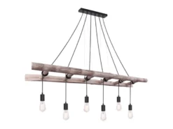 Pendelleuchte IRMGARD 6-flammig mit Leiter Holzbalken 192cm lang, Breite 160cm