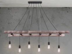 Pendelleuchte IRMGARD 6-flammig mit Leiter Holzbalken 192cm lang, Breite 160cm