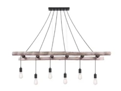 Pendelleuchte IRMGARD 6-flammig mit Leiter Holzbalken 192cm lang, Breite 160cm