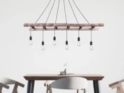 Pendelleuchte IRMGARD 6-flammig mit Leiter Holzbalken 192cm lang, Breite 160cm