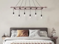 Pendelleuchte IRMGARD 6-flammig mit Leiter Holzbalken 192cm lang, Breite 160cm