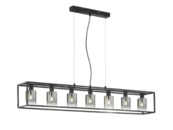Pendelleuchte ISKA 7-flammig Schwarz lang mit Rauchglas, Breite 130cm