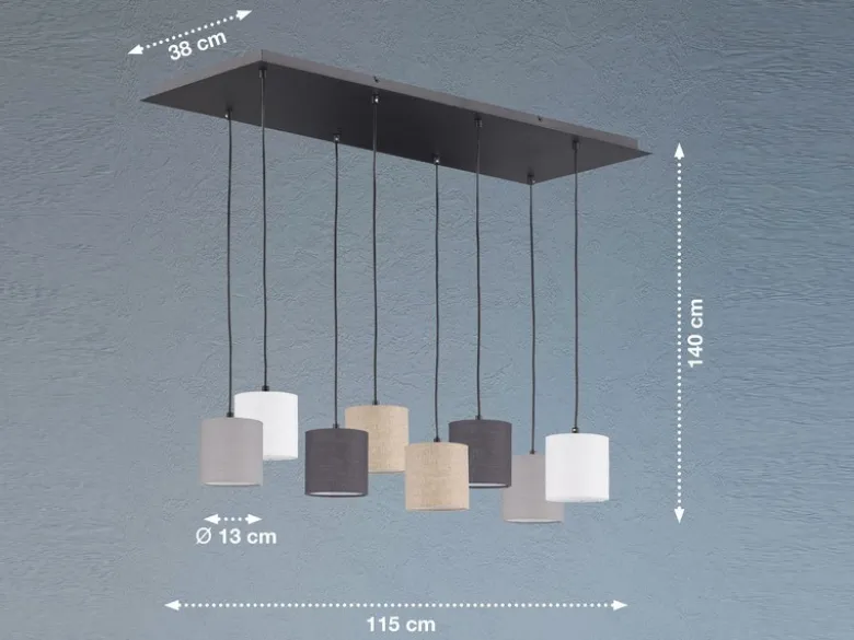 Pendelleuchte ISKO 8-flammig lang Stoffschirme bunt, Breite 115cm