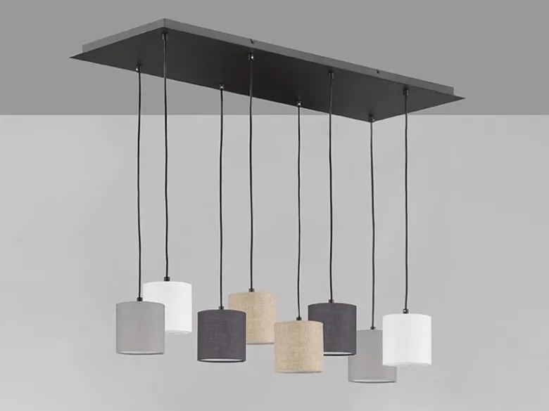 Pendelleuchte ISKO 8-flammig lang Stoffschirme bunt, Breite 115cm