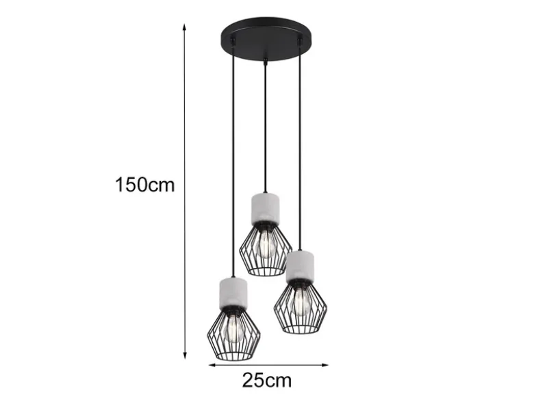 Pendelleuchte JAMIRO 3-flammig mit Draht Lampenschirmen & Betonoptik, Ø 25cm