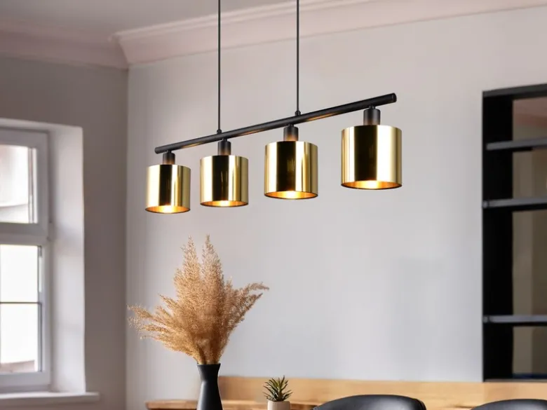Pendelleuchte JASON 4-flammig mit Lampenschirmen Goldfarbig, Breite 75cm
