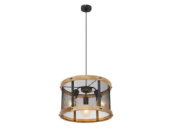 Pendelleuchte JEANIE mit Holz & Gitter 3-flammig Schwarz, Ø 40cm