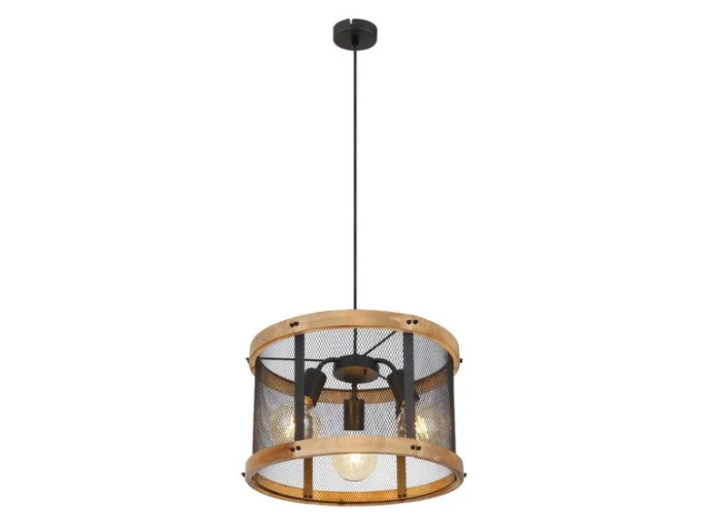 Pendelleuchte JEANIE mit Holz & Gitter 3-flammig Schwarz, Ø 40cm