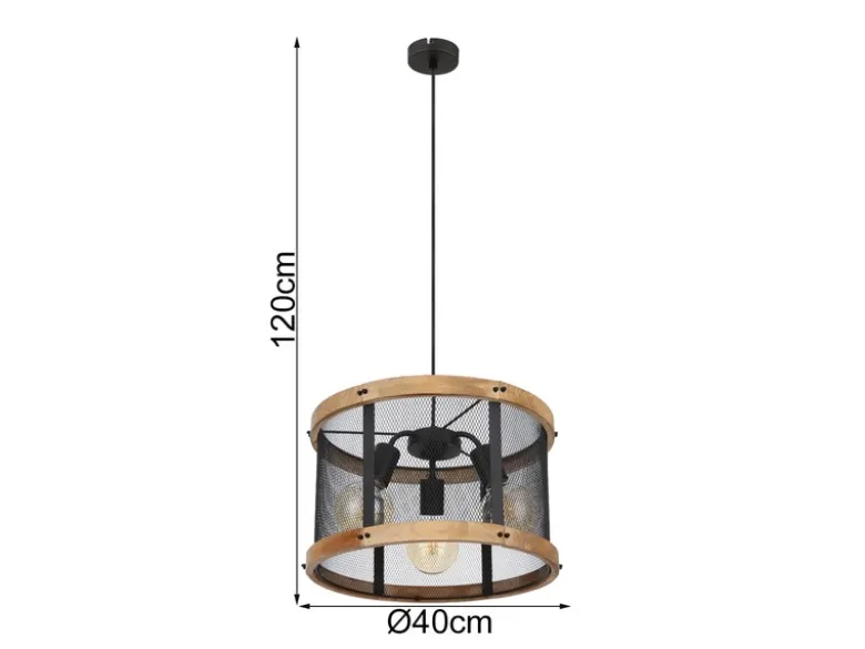 Pendelleuchte JEANIE mit Holz & Gitter 3-flammig Schwarz, Ø 40cm