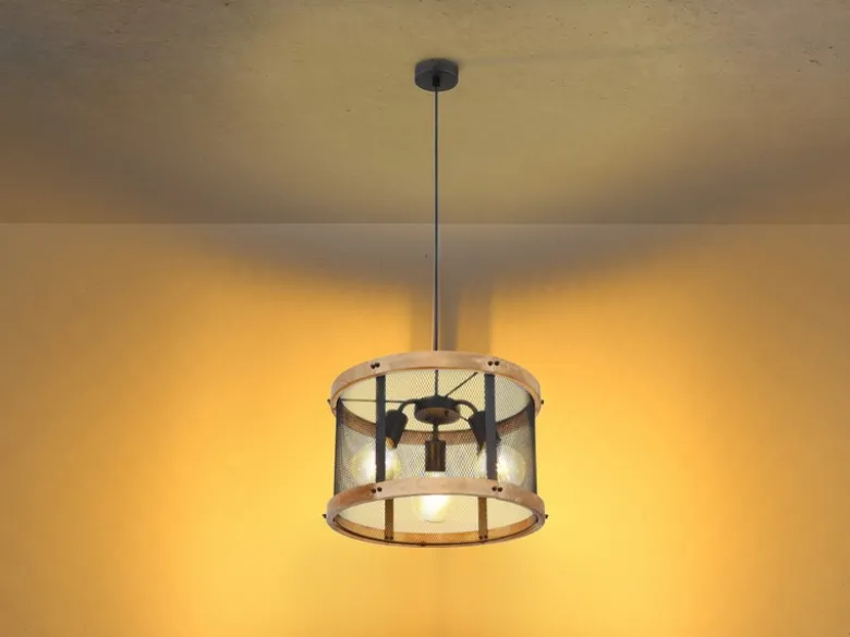 Pendelleuchte JEANIE mit Holz & Gitter 3-flammig Schwarz, Ø 40cm