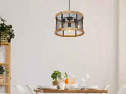 Pendelleuchte JEANIE mit Holz & Gitter 3-flammig Schwarz, Ø 40cm