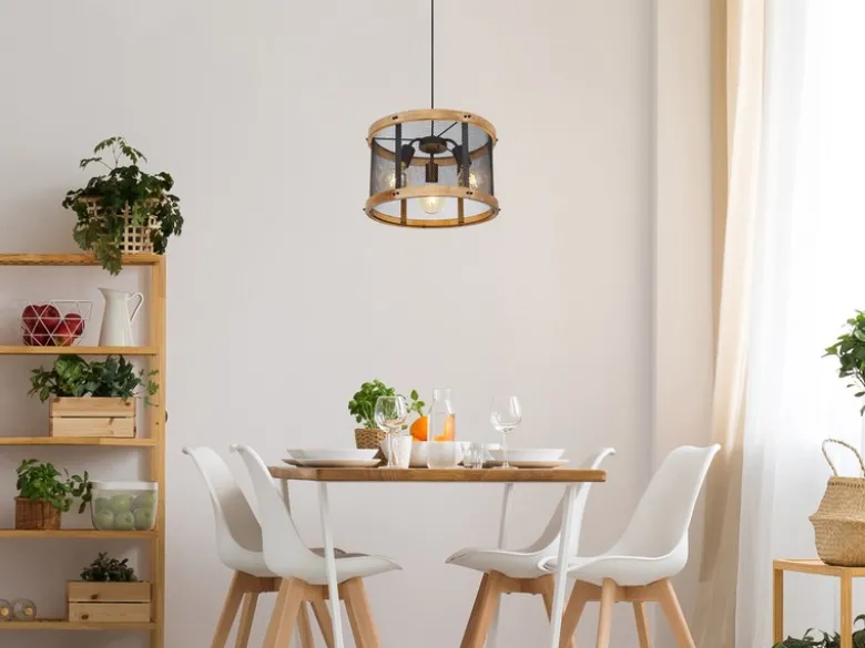 Pendelleuchte JEANIE mit Holz & Gitter 3-flammig Schwarz, Ø 40cm