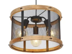 Pendelleuchte JEANIE mit Holz & Gitter 3-flammig Schwarz, Ø 40cm