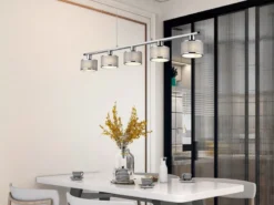 Pendelleuchte KAPRUN Chrom 5-flammig Stoff Lampenschirme Grau, Breite 92cm