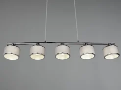 Pendelleuchte KAPRUN Chrom 5-flammig Stoff Lampenschirme Grau, Breite 92cm