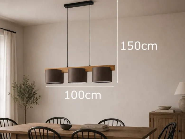 Pendelleuchte LANAT Holzbalken 3-flammig mit Samtschirmen Braun, Breite 100cm
