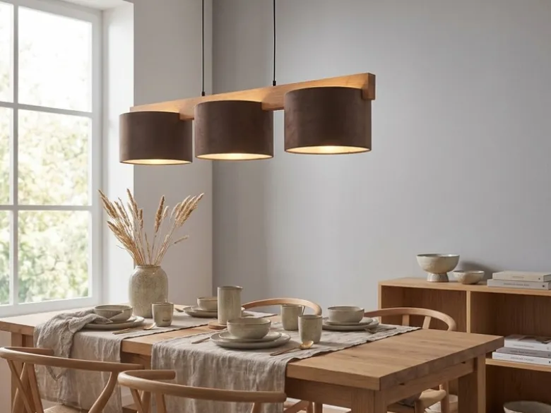 Pendelleuchte LANAT Holzbalken 3-flammig mit Samtschirmen Braun, Breite 100cm